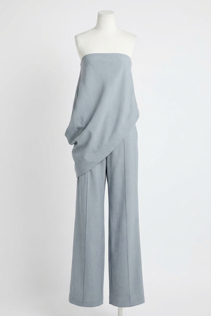 NEW ST. AGNI strapless asymmetrical drape top in mist